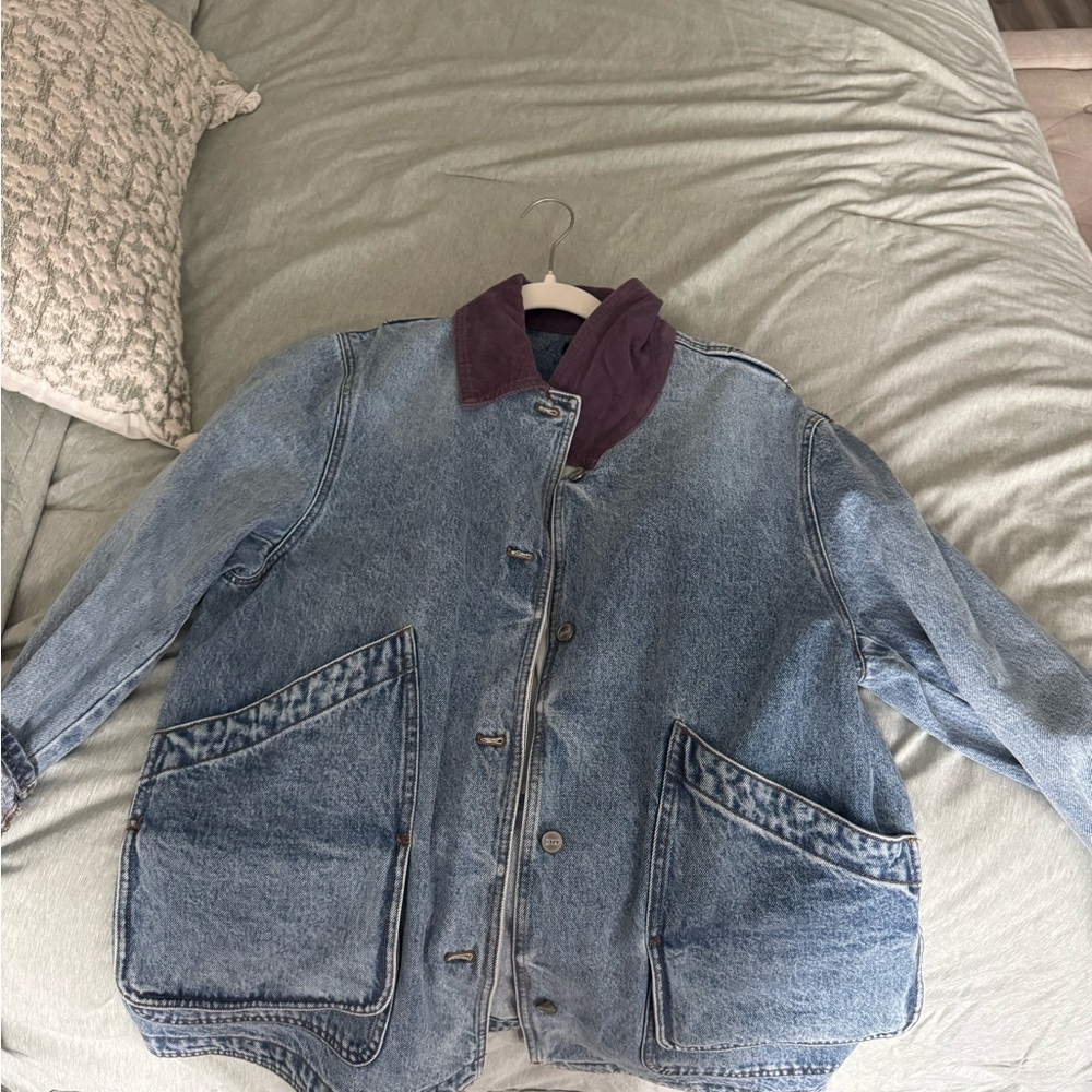 J. Crew Washed Blue Denim Jacket with Purple Corduroy Collar